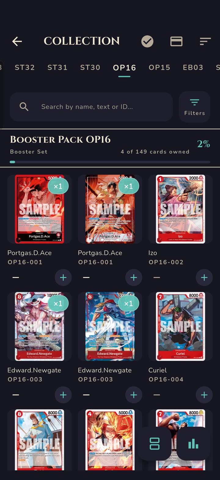 Collection screen tracking owned cards per set with completion progress