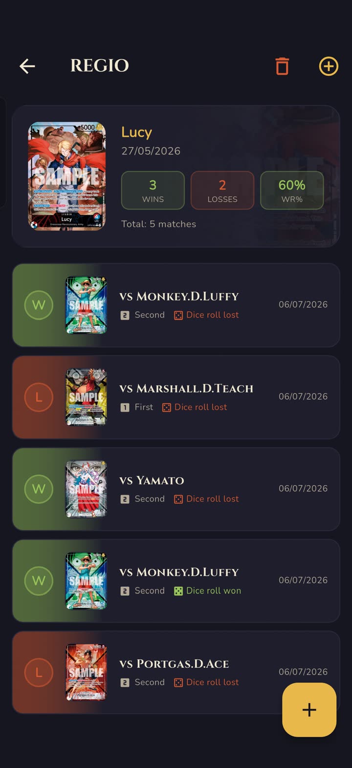 Match tracker with win rate, dice rolls and game-by-game history per leader