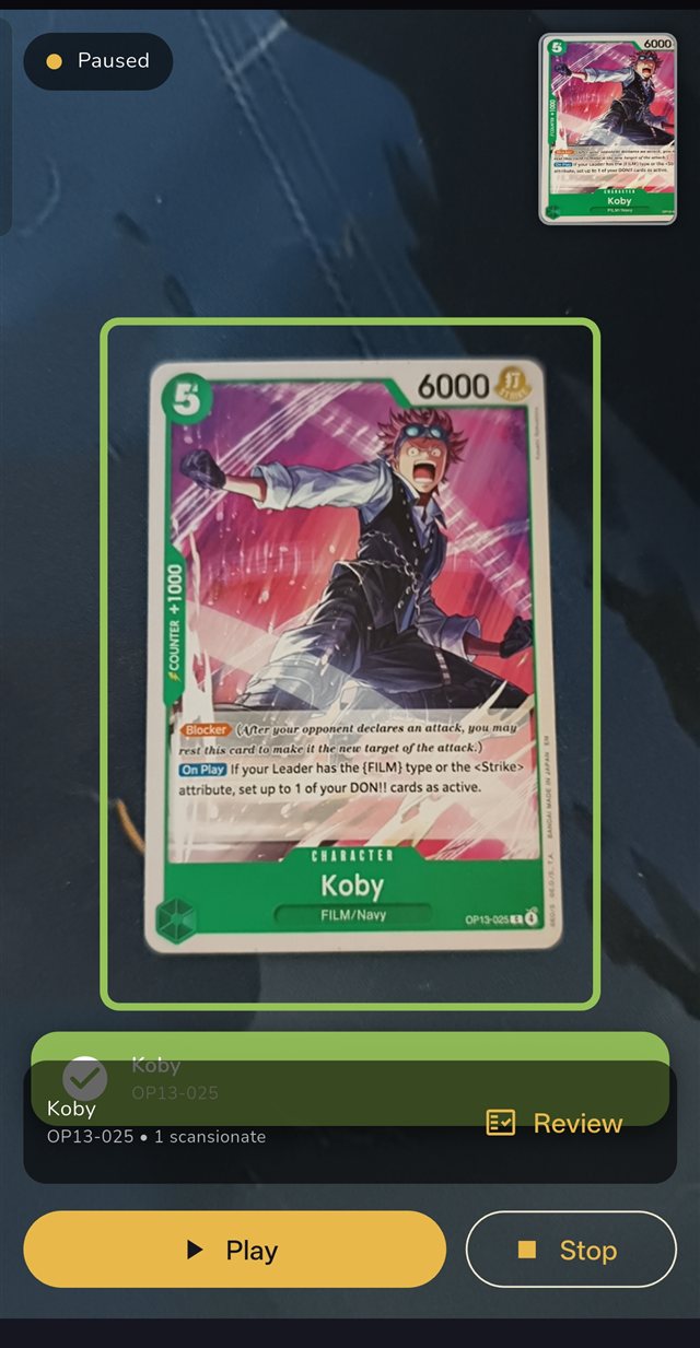 Nakama Companion live scanner recognizing a One Piece card in real time